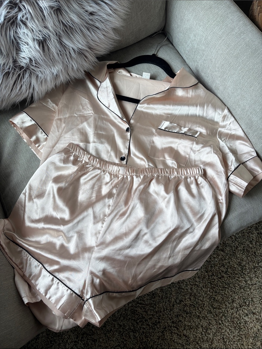 Satin Short Pajama Set in Blush with Contrast Trim